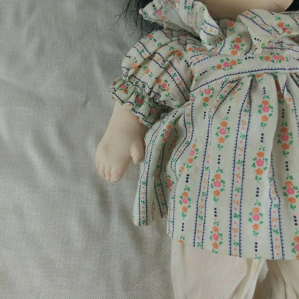 Full Cloth Stuffed Doll - Black Hair - Brown Painted Eyes - 13 inch - Big Eyes
